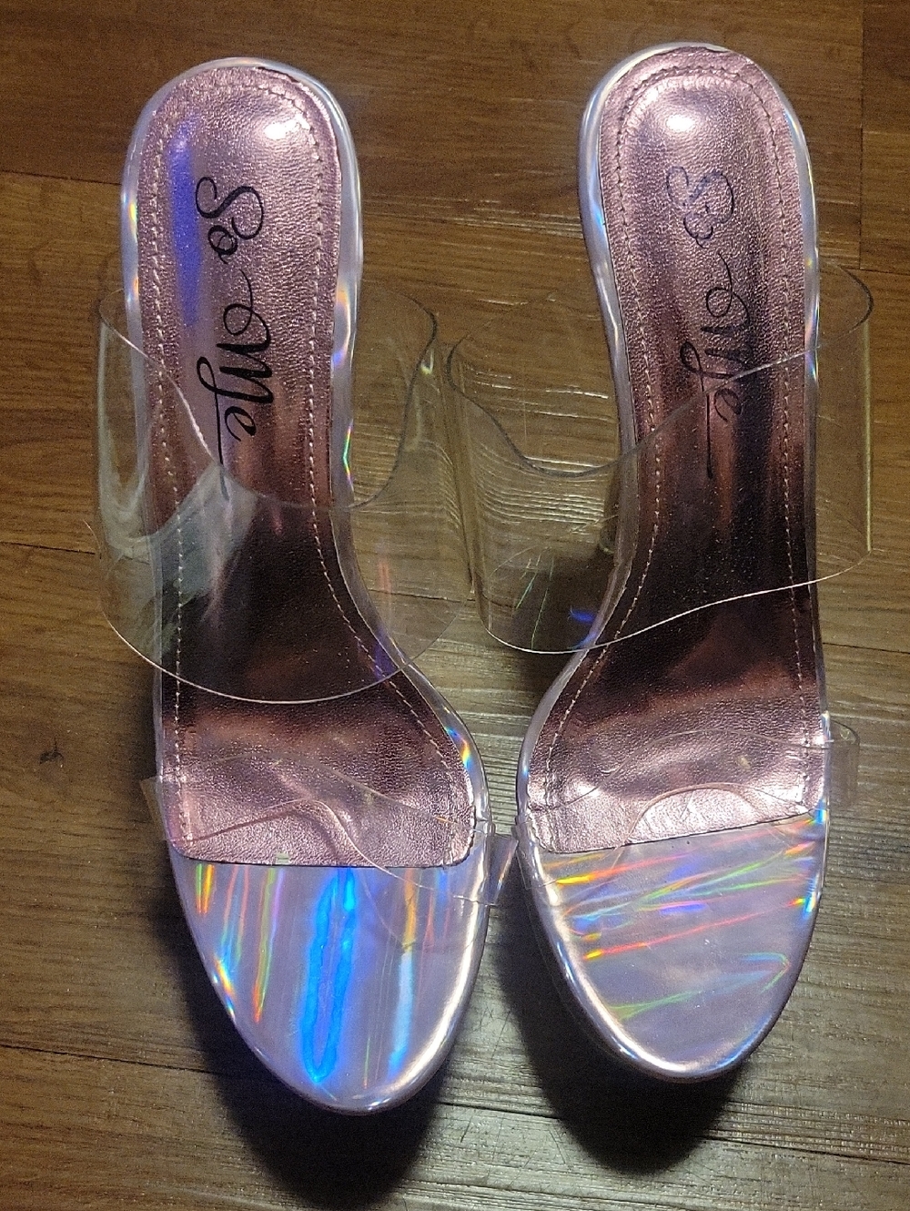 So Me Iridescent Pink Holographic Clear Strap Heels